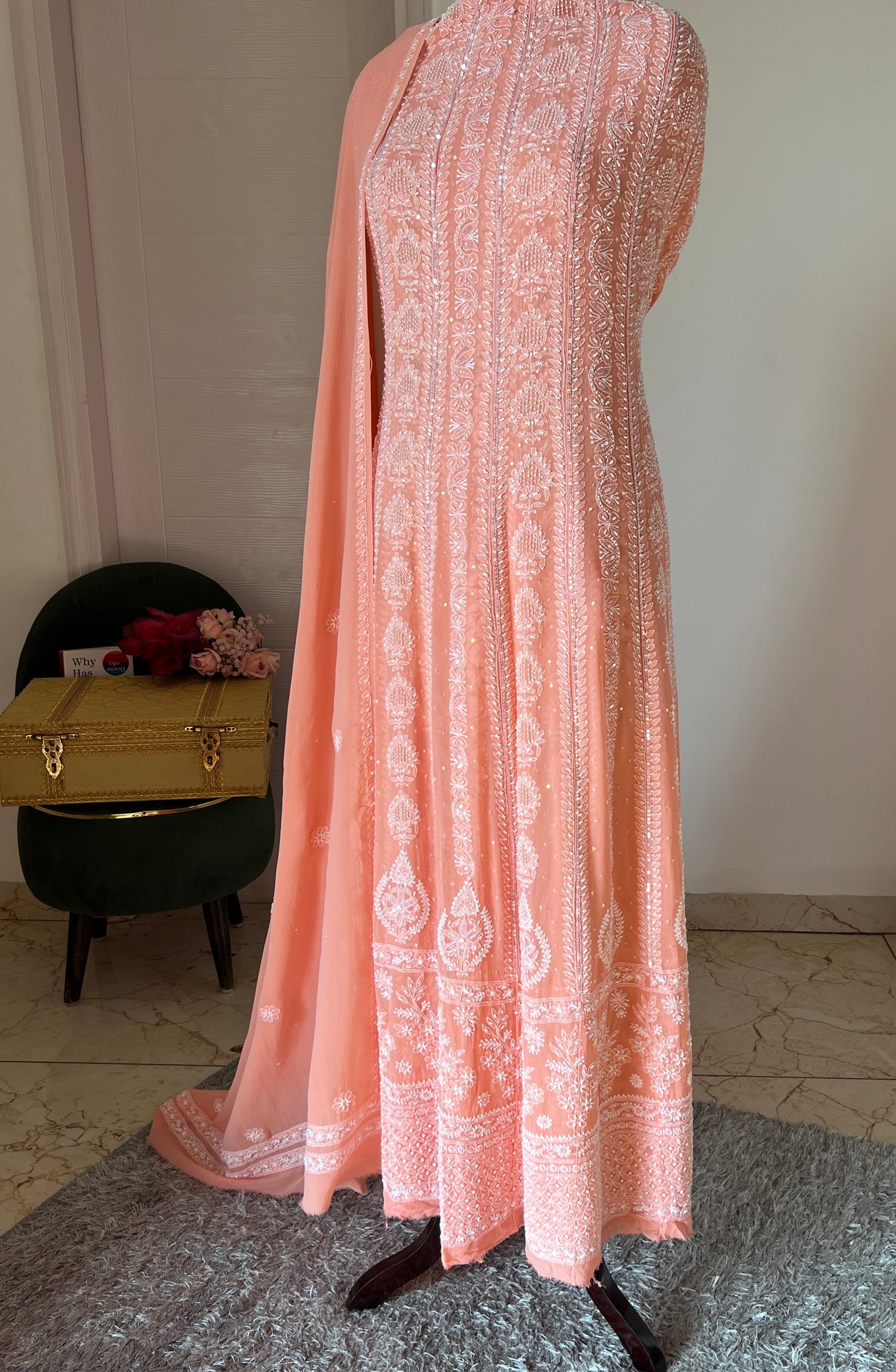 Peach fine Chikankari pearl and sequins Anarkali with Dupatta